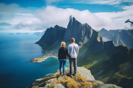 Thrilling Norwegian Adventure: Couple Embracing the Edge of the Cliffの素材