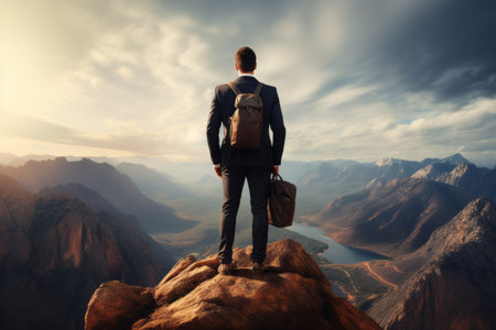 Ascending to Success: A Young Businessman's Vision of Leadership atop a Mountain Peakの素材