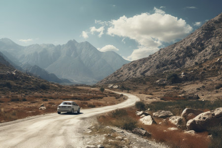Idyllic Serenity: A Stunning Mountainous Landscape with a Parked Carの素材