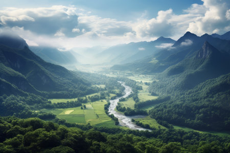Enchanting Kaleidoscope: Exploring the Vibrant Sunlit Green Mountain Valley with Forestの素材