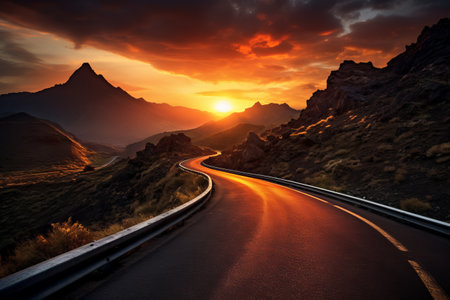 Serene Sunset: A Journey Along the Empty Asphalt Road Amidst Majestic Mountainsの素材