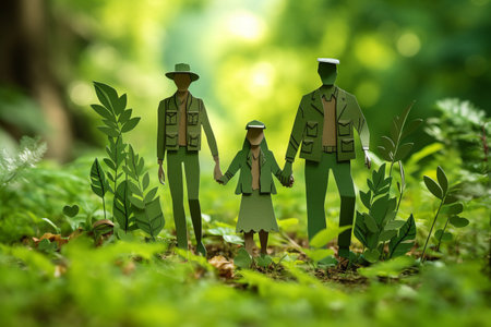 A Wholesome Day in the Park: Paper Dolls Embrace Family Bonding amidst a Serene Green Backgroundの素材