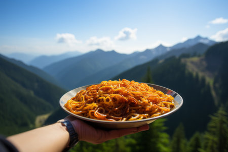 Savoring the Savories: A Captivating Close-Up of Handheld Noodlesの素材