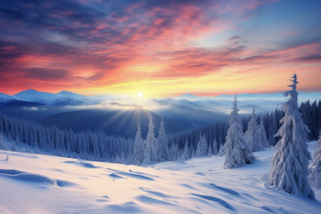 Majestic Sunrise: A Breath-Taking View of Freshly Snow-Covered Mountain Slopesの素材