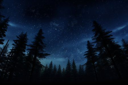 Mystical Secrets Unveiled: The Enchanting Dark Blue Night Sky Above the Pine-Dotted Mystery Forestの素材