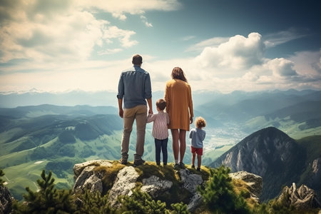 Enchanting Family Bonding Amidst Majestic Mountain Vistas: Capturing the Essence of Serene Summer Blissの素材