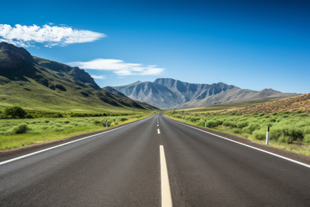 Mesmerizing Scenery: A Serene Journey on the Empty Asphalt Road amidst Lush Green Mountains under a Clear Blue Skyの素材