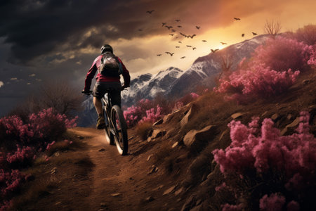 Journey of Serenity: Cyclist Conquering the Beautiful Spring Mountain Trailの素材