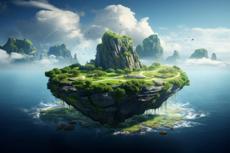 Enchanting Paradise: The Mystical Floating Island and its Serene Grass Field on the Rockの素材