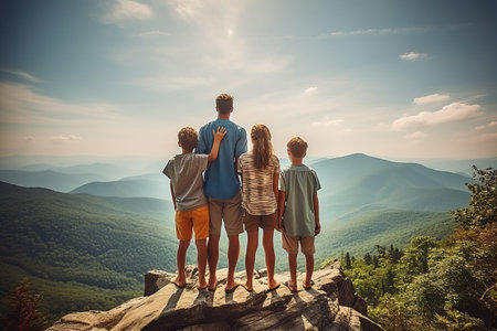 Unbreakable Bonds: Family Standing with Arms Around on Top of Mountain, Gazing into a Bright Future - _96の素材
