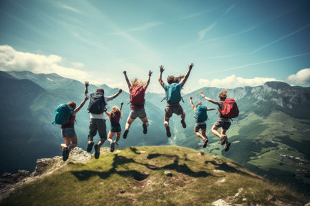 Wild and Joyful: A Group of Happy Hikers Leap into Adventure on a Hilltop Holiday!の素材