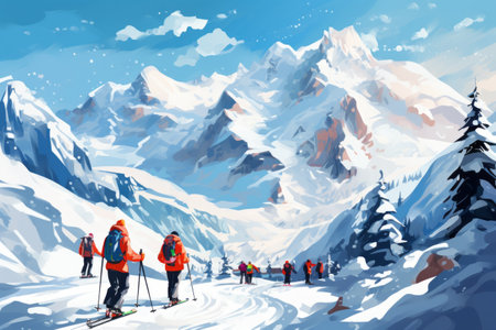 Snowbound Excursion: Adventurous Tourists Conquer the Ski Resort Slopesの素材