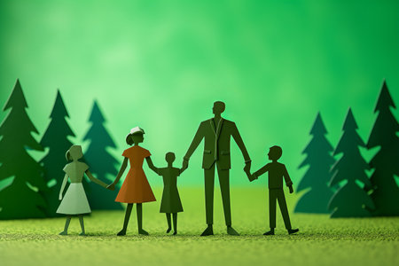 Family Fun: Paper Dolls Unite in the Park - Hand in Hand amidst a Serene Green Backgroundの素材