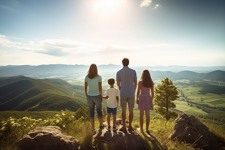 Unforgettable Moments: Embracing Family Unity amidst Breathtaking Summer Scenery on Mountain Summitの素材