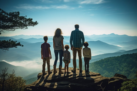 United in Nature's Splendor: A Family Standing Strong on the Summitの素材
