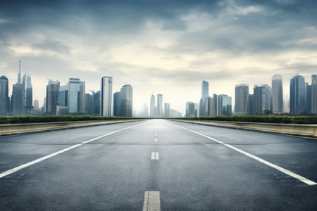 Urban Horizons: Capturing the Modernity of an Empty Asphalt Road and City Skyline with Modern Buildingsの素材