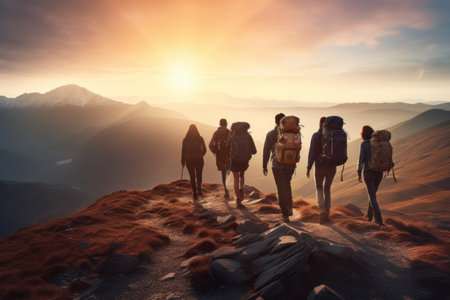 Exploring New Heights: An Adventure with a Diverse Group of Tourists and Hikers on Mountain Topsの素材