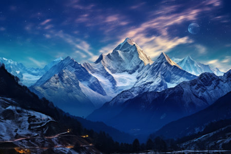 Majestic Autumn Landscapes: Captivating View of Snow-Capped Peaks in Main Caucasian Ridge, Mount Ushba, Georgia, Europeの素材