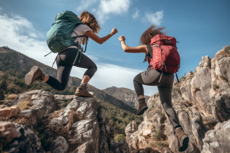Empowered Women Conquer Nature's Challenges: Joyful Hiking up Rocky Mountain Trail _95の素材