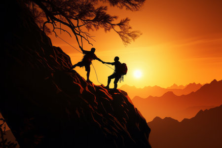 Scaling New Heights: Embracing the Power of Help and Assistance with Silhouette of Two Climbers on a Mountainの素材