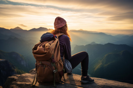 Blissful Journey: A Happy Young Woman Traveler Relaxing and Beholding Natural Beautyの素材