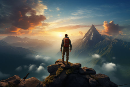 Summit Serenity: An Adventurous Hiker Revels in Mountain Blissの素材