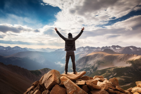 Triumph at the Top: A Hiker's Conquest in Colorado's Rocky Mountains National Parkの素材