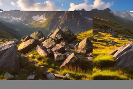 Serenity Unleashed: Majestic High Tatra Mountains Embrace Lush Meadow and Towering Stones in Sunset's Glowの素材