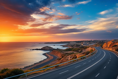 Vibrant Sunset over Coastal Highway: A Breathtaking Viewの素材