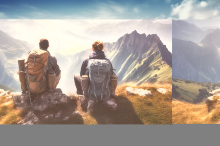 Peak Serenity: Hikers with Backpacks Unwind and Enjoy the Spectacular Mountain Viewsの素材
