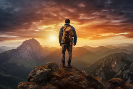 Embracing Nature's Beauty: A Hiker's Serene Sunset Encounter on a Rockの素材