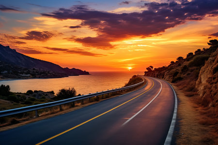 Vibrant Sunset over Coastal Highway: A Breathtaking Sea Viewの素材