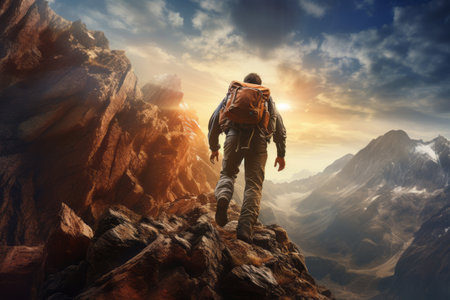 Conquering Heights: A Hiker Man's Adventurous Journey up a Rocky Mountain Edgeの素材