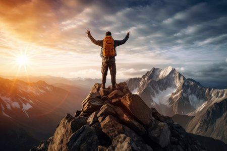 Journey to Freedom and Happiness: A Hiker's Triumph at Mountain Summitの素材