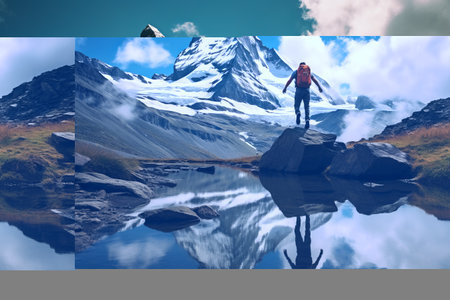Awe-Inspiring Sight: Solitary Hiker Embraces the Enigmatic Swiss Alps with the Majestic Matterhorn, Mirrored in Riffelsee Lakeの素材