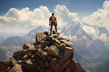 Conquering Boundaries: Young Mountaineer Ascends New Heights atop Rock in 3.2.97 Imageの素材