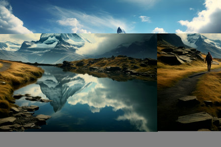 Solitary Trek: A Hiker's Journey through the Enchanting Swiss Alps with the Majestic Matterhorn and the Mystic Riffelsee Lakeの素材