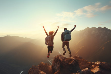 Adventurous Hikers Embracing the Mountain Summit: A Journey Towards Healthy and Active Livingの素材