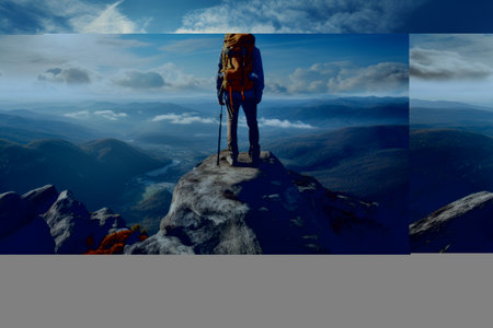 Reveling in Nature's Majesty: A Hiker's Blissful Retreat atop a Sunlit Rockの素材