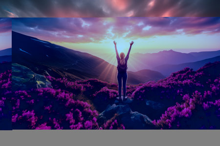 Conquering New Heights: Empowered Hiker Woman Reaching the Summit - Portrait of True Triumph!の素材
