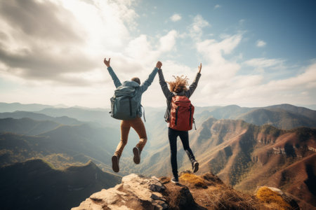 Thrilling Adventures of Adventurous Hikers: Embracing the Mountain Tops with Joyful Leaps!の素材