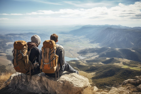 Serene Summit: Hikers Embrace Tranquility While Admiring Breathtaking Valley Viewの素材