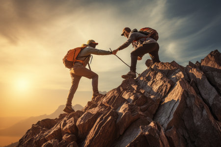Strength in Unity: A Hiking Team Bonded by Friendship and Mutual Supportの素材