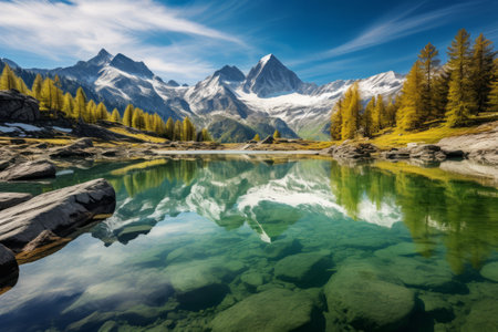 Incredible Serenity: Discovering the Enchanting Splendor of the Swiss Alps' Breathtaking Fairy Tale Mountain Lakeの素材