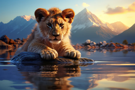 Mirrored Majesty: A Lion Cub's Enchanted Encounter with an Adult Reflectionの素材