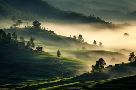 Mystic Serenity: Enchanting Fog-Kissed Mountains and Tranquil Tree-lined Horizonsの素材