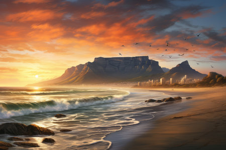 Golden Sunrise Over Table Mountain: A Captivating Coastal Landscapeの素材