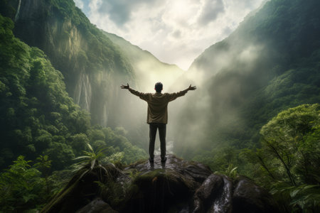 Embracing the Wilderness: A Male Hiker Embraces Nature's Beautyの素材