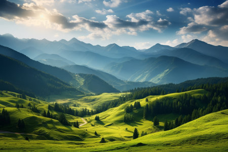 Nature's Captivating Canvas: Majestic Green Mountains Bathed in Sunlightの素材