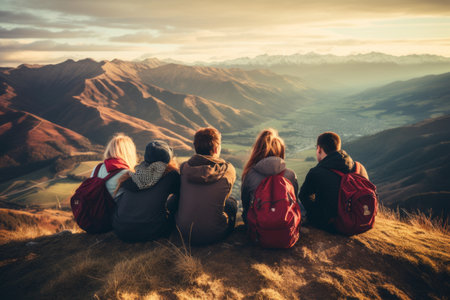 Joyous Gathering: Friends Find Happiness on Majestic Mountain Peakの素材